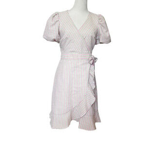 Draper James RSVP Size M Seersucker Puff Sleeve Pink, Green striped Wrap…